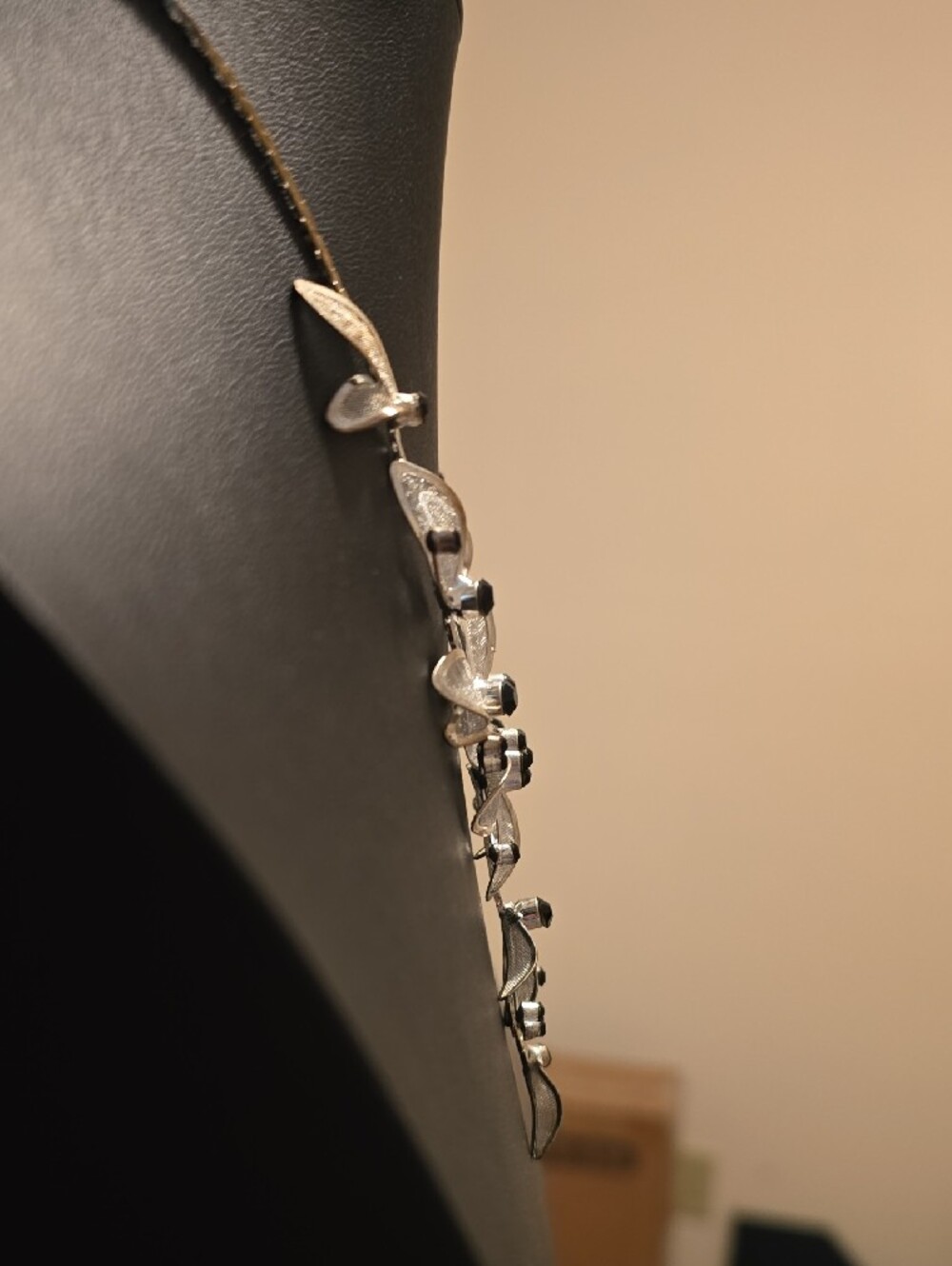 Floral Leaf Drop Necklace in Silver and Black - Picture 7 of 9
